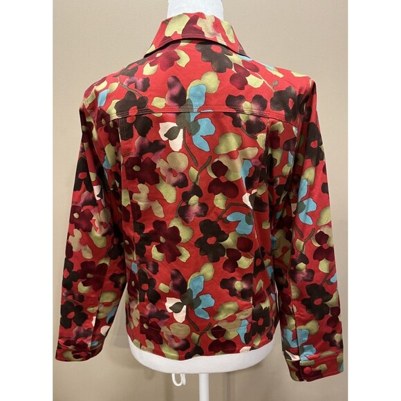 Ann Trinity Women's Red Floral Denim Jacket Colorful Artsy Size Medium - Picture 3 of 12